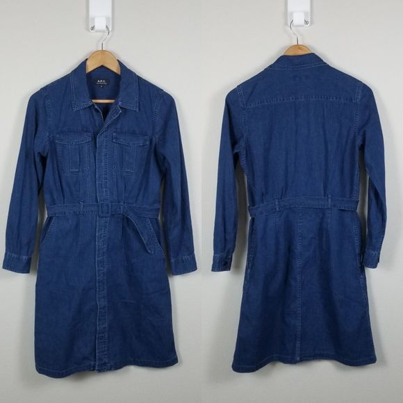 A.P.C. Indigo Chambray Denim Minimalist Cotton Knee Length Belted Shirt Dress M - Picture 8 of 13